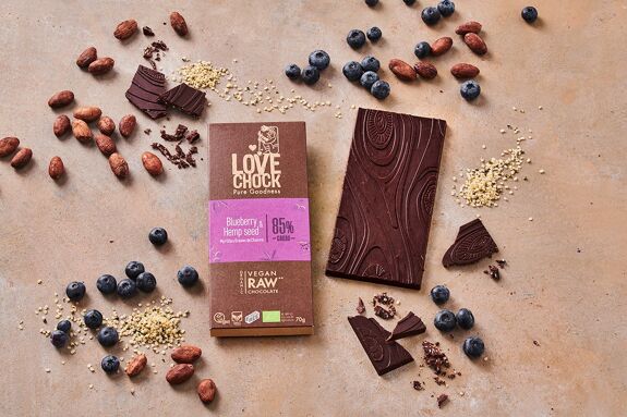 Organic and Raw Dark Chocolate, BLUEBERRY AND HEMP SEEDS 85% - 70 g out of stock awaiting more stock
