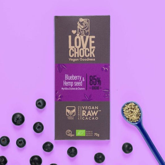 Pre Order Organic and Raw Dark Chocolate, BLUEBERRY AND HEMP SEEDS 85% - 70 g - pre order
