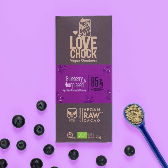Organic and Raw Dark Chocolate, BLUEBERRY AND HEMP SEEDS 85% - 70 g out of stock awaiting more stock