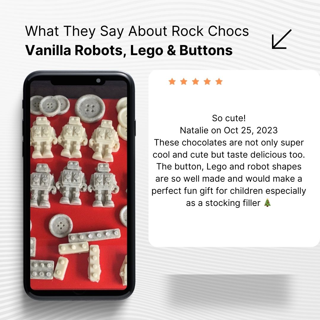 Rock Chocs  Vegan Chocolate Robots, Lego & Buttons - this chocolate is made weekly so as soon as we make it we will send out your order Rock Chocs  rock chocs vegan chocolate buttons vegan chocolate lego Vegan chocolate robots