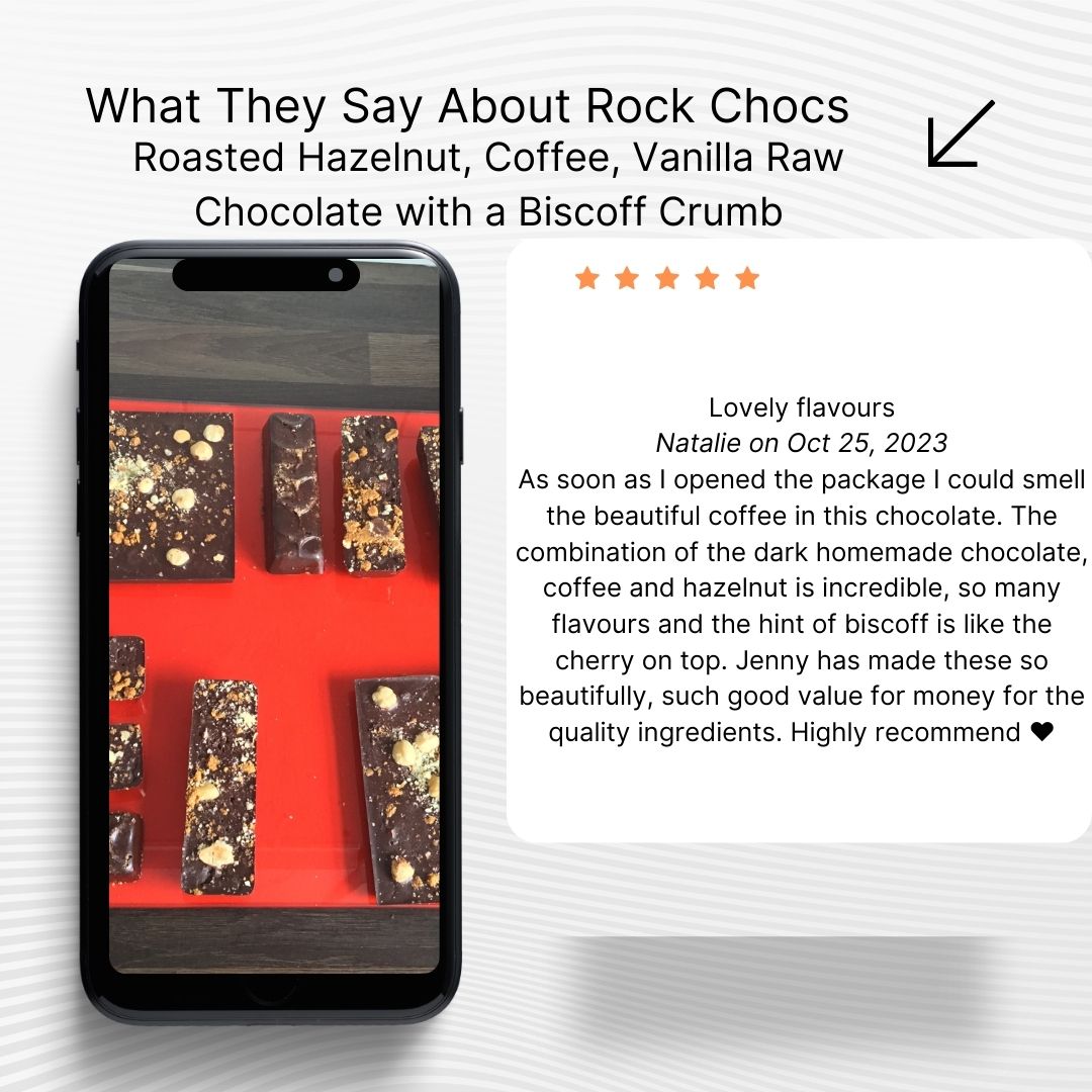 Rock Chocs Rock Chocs Roasted Hazelnut, Coffee, Vanilla Raw Chocolate with a Biscoff Crumb - This chocolate is made weekly as soon as we make the chocolate we will send out. Rock Chocs Artisan chocolate Artisan Vegan Chocolate Best vegan chocolate to buy Chocolate dairy free chocolate Great vegan chocolate raw chocolate Rock Chocs Chocolate Rock Chocs for sweets and chocolate vegan chocolate