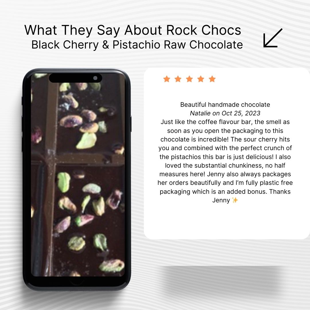 Rock Chocs  Black Cherry & Pistachio Raw Chocolate  made weekly so please place your order and we will send out as soon as made. Rock Chocs  Artisan chocolate Black Cherry & Pistachio chocolate Chocolate raw chocolate rock chocs vegan chocolate