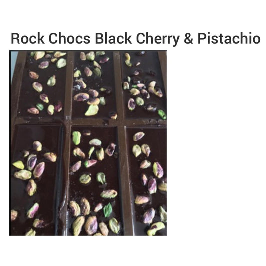 Rock Chocs  Black Cherry & Pistachio Raw Chocolate  made weekly so please place your order and we will send out as soon as made. Rock Chocs  Artisan chocolate Black Cherry & Pistachio chocolate Chocolate raw chocolate rock chocs vegan chocolate
