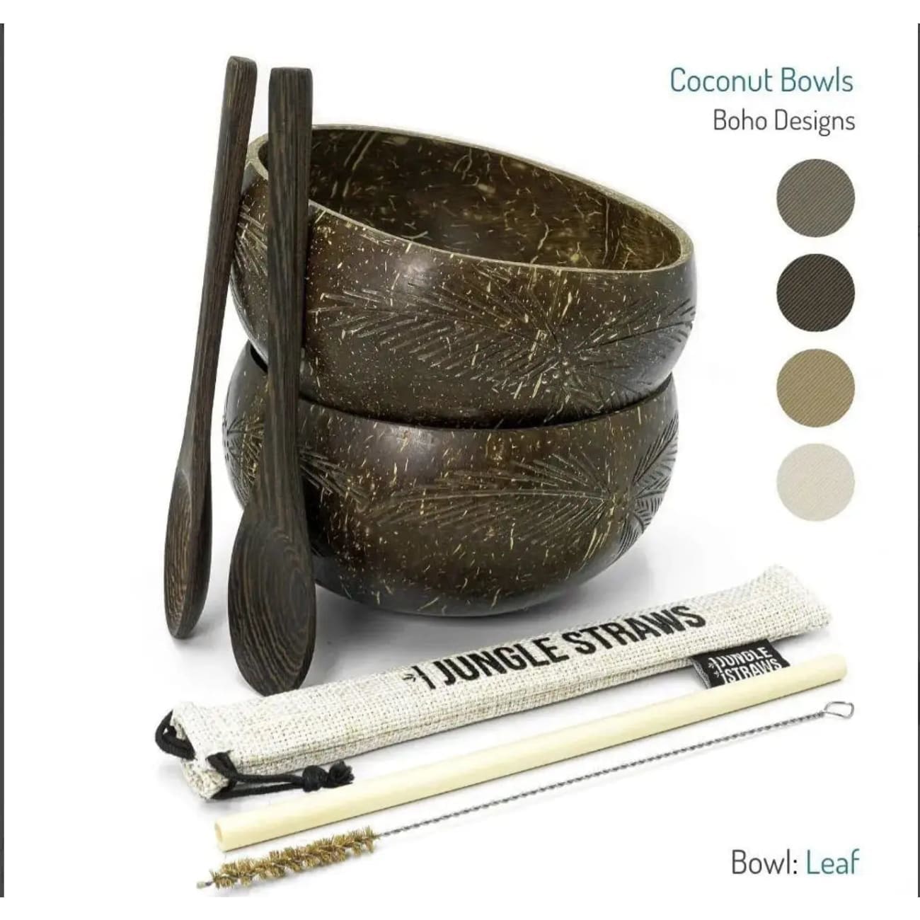 Rock Chocs  Coconut Bowls - Eco Coconut Shell Bowl Set (Two Bowls) leaf design Jungle Culture