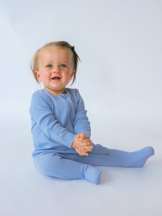 Powder Blue Zip up Ribbed Romper Babygrow Sleepsuit 3 to 6 months - 1 left in stock