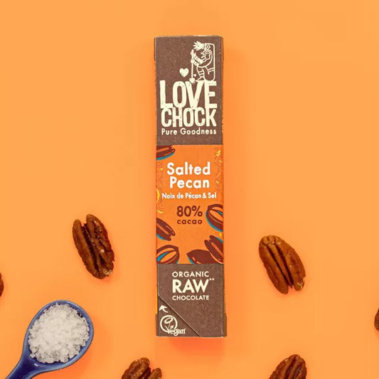 Pre order arriving in around 2 weeks will send out once arrives Salted Pecan -Organic and Raw Dark Chocolate PECAN AND SALT 80% - 40 g