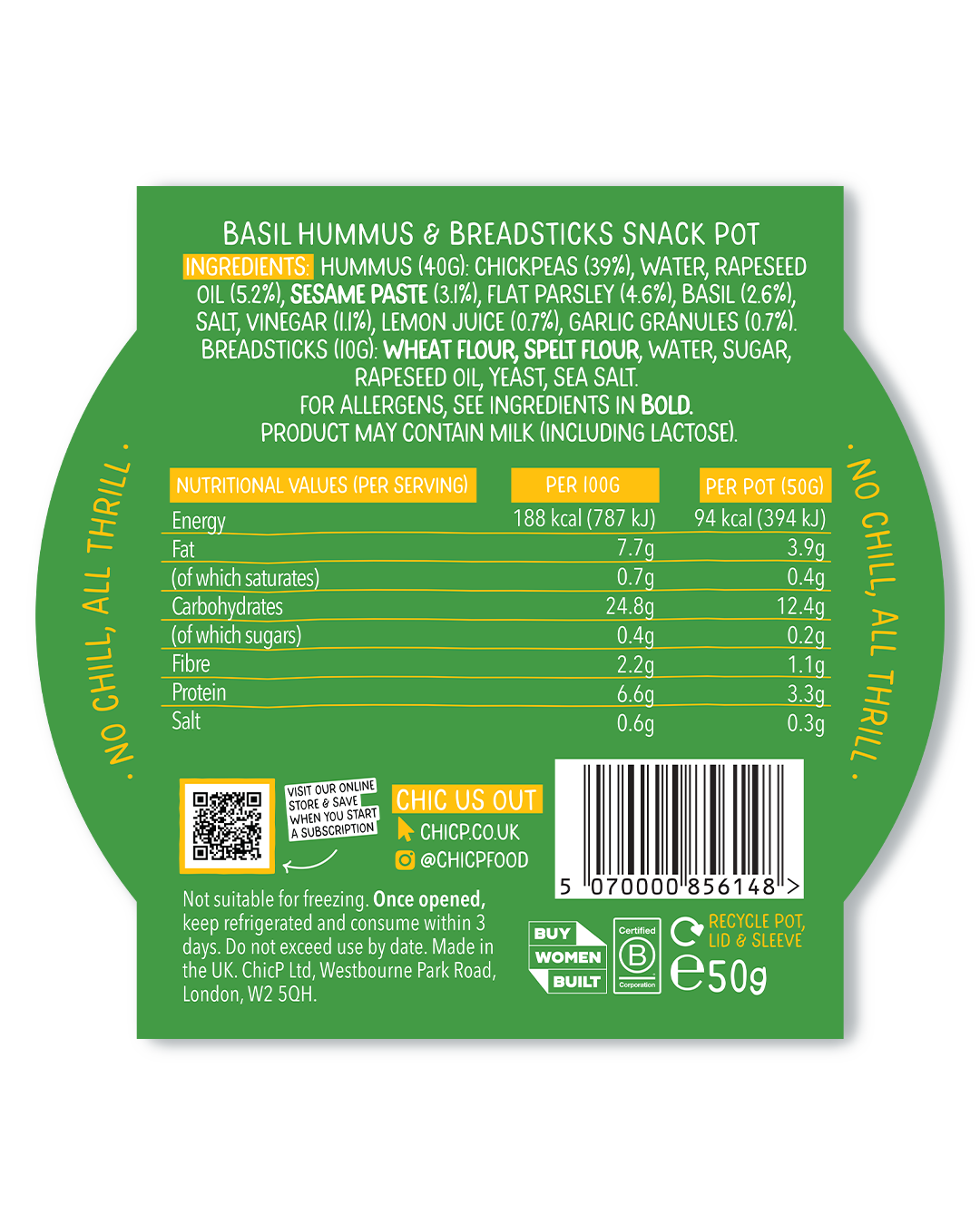 Basil Fridgeless Hummus Snack Pot 50 g