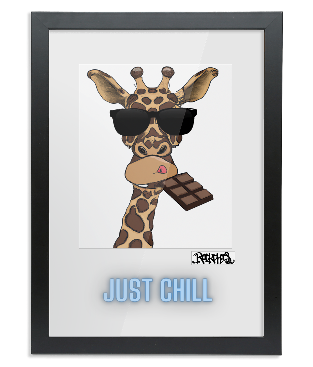 Framed A2 Fine Art Print - Just Chill Giraffe Art by Rock Chocs