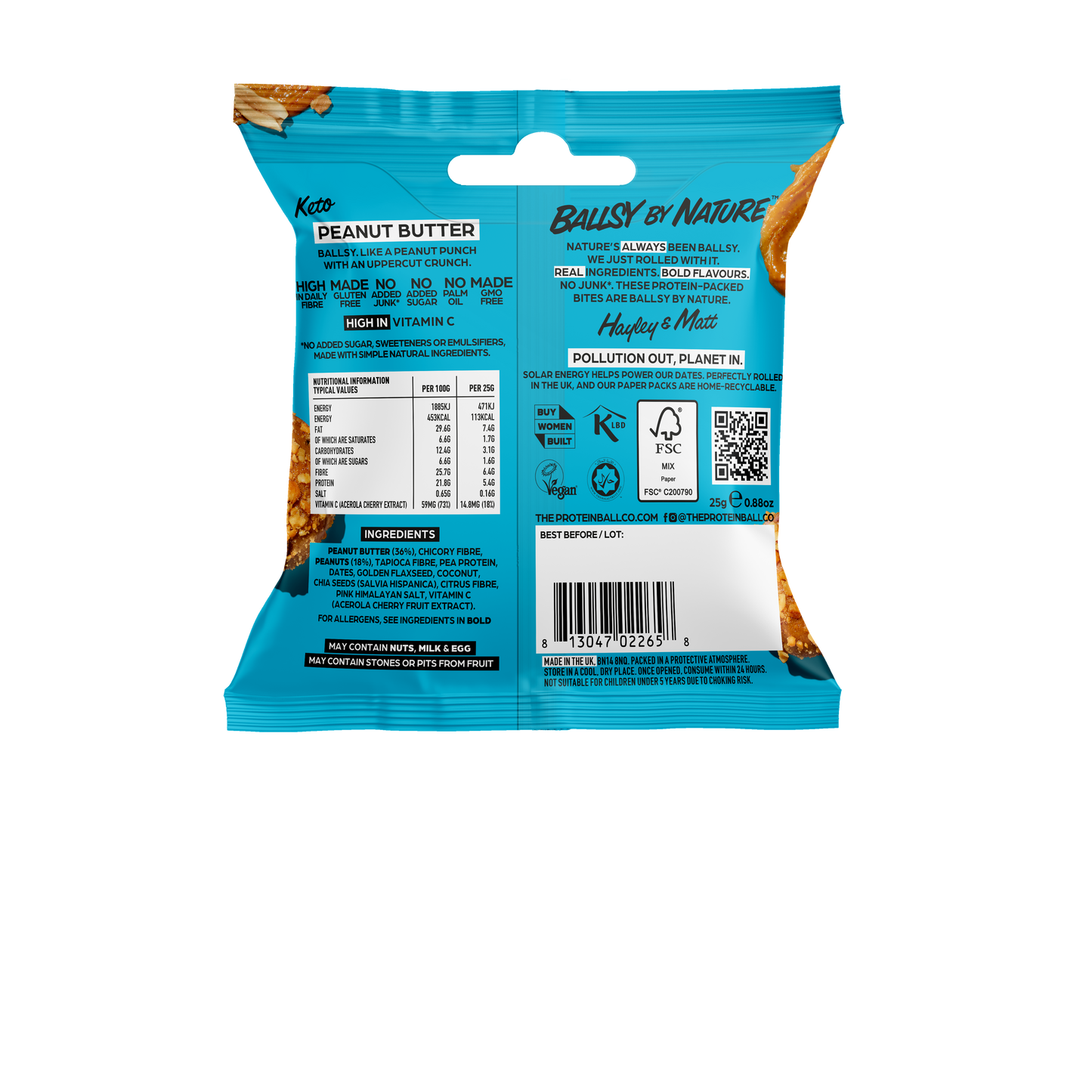 PEANUT BUTTER -  Low Sugar -  Keto Ball Snack 25g