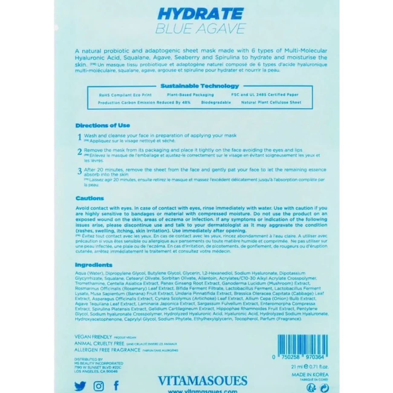 Hydrate Blue Agave Biodegradable Face Sheet Mask Rock Chocs 